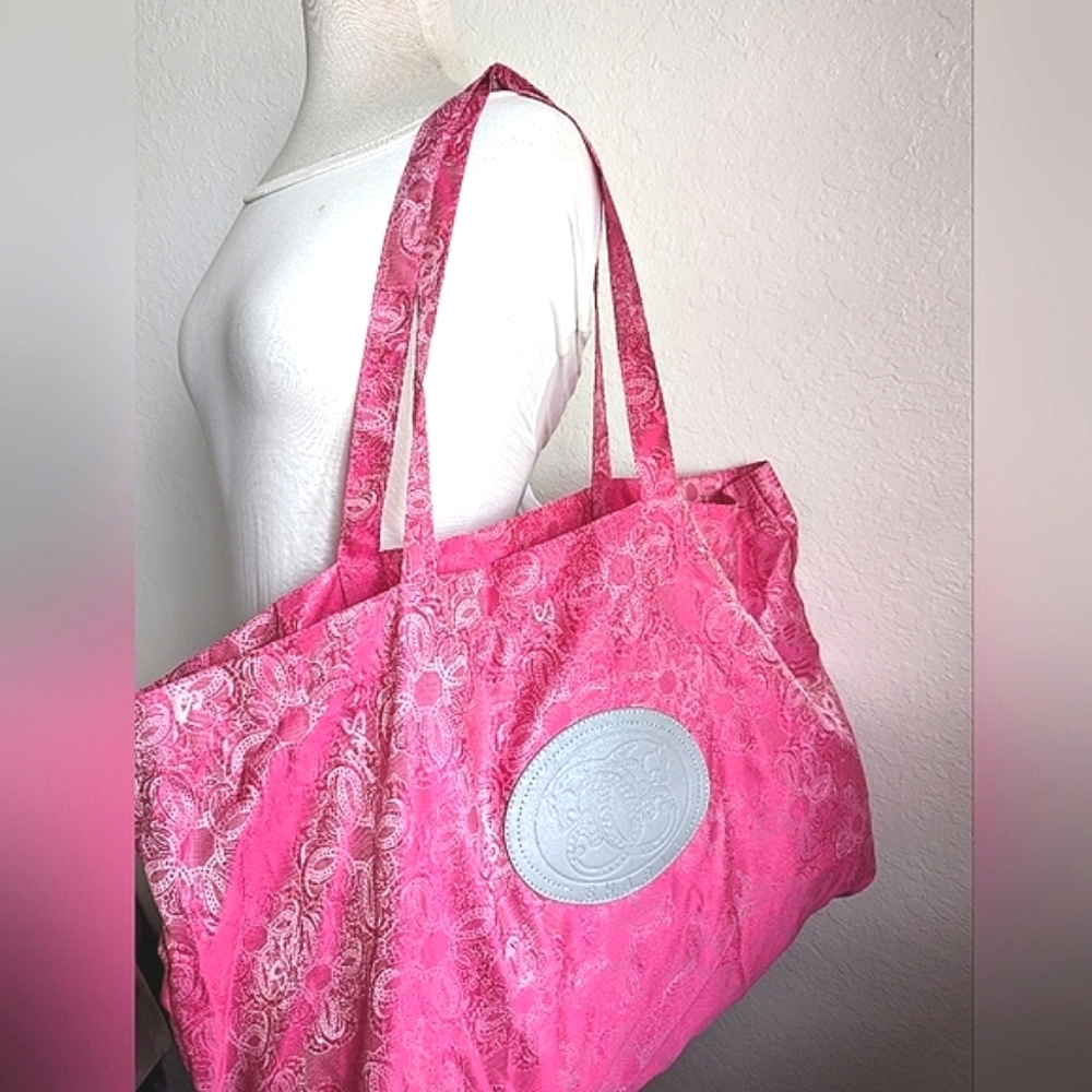 Sharif XL Tote Bag 🩷 Hot Pink w Sheen Print Embroidery Hobo Shoulder Handbag
